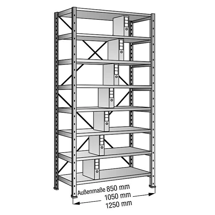 BAUHAUS Scholz Aktenregal Grundelement Länge: 1.050 Mm, Breite: 300 Mm, Höhe: 2.640 Mm, Traglast: 80 Kg/Boden, Anzahl Böden: 8 Stk. 3 BAUHAUS Scholz Aktenregal Grundelement Länge: 1.050 Mm, Breite: 300 Mm, Höhe: 2.640 Mm, Traglast: 80 Kg/Boden, Anzahl Böden: 8 Stk. – Bild 3