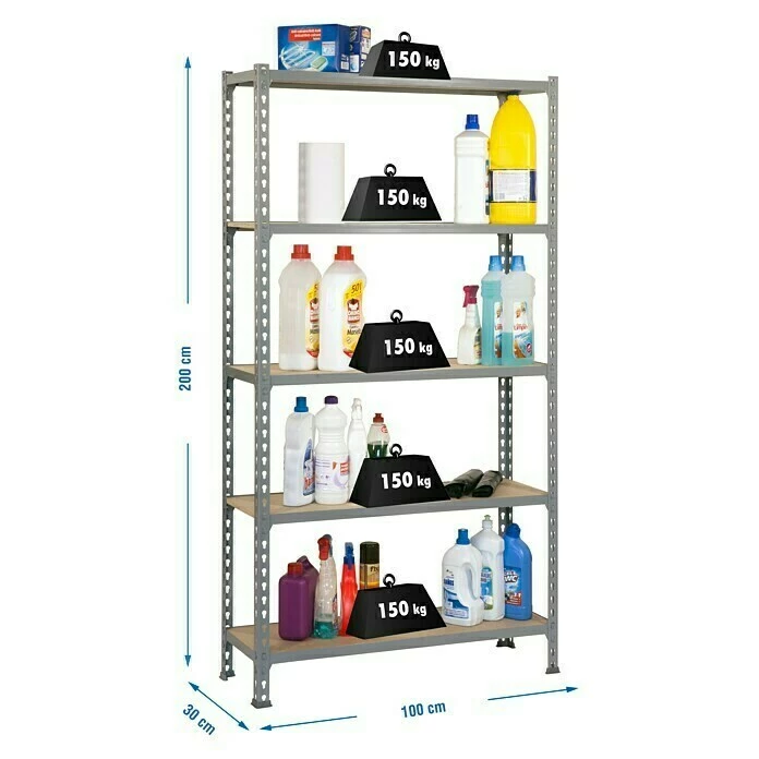 BAUHAUS Simonrack Maderclick Metallregal Plus L X B X H: 30 X 100 X 200 Cm, Traglast: 150 Kg/Boden, Anzahl Böden: 5, Stecken, Grau 3 BAUHAUS Simonrack Maderclick Metallregal Plus L X B X H: 30 X 100 X 200 Cm, Traglast: 150 Kg/Boden, Anzahl Böden: 5, Stecken, Grau – Bild 3