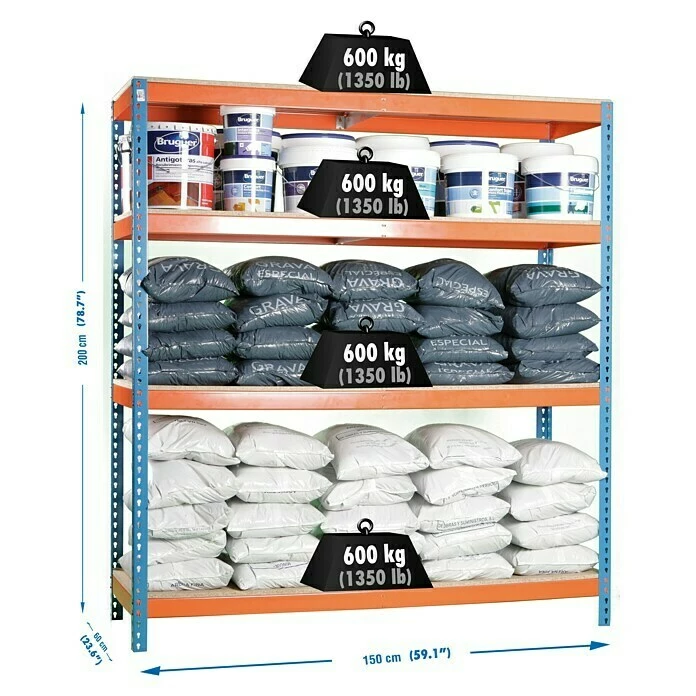 BAUHAUS Simonrack Simonforte Metall-Schwerlastregal L X B X H: 60 X 150 X 200 Cm, Traglast: 600 Kg/Boden, Anzahl Böden: 4, Blau/Orange 3 BAUHAUS Simonrack Simonforte Metall-Schwerlastregal L X B X H: 60 X 150 X 200 Cm, Traglast: 600 Kg/Boden, Anzahl Böden: 4, Blau/Orange – Bild 3