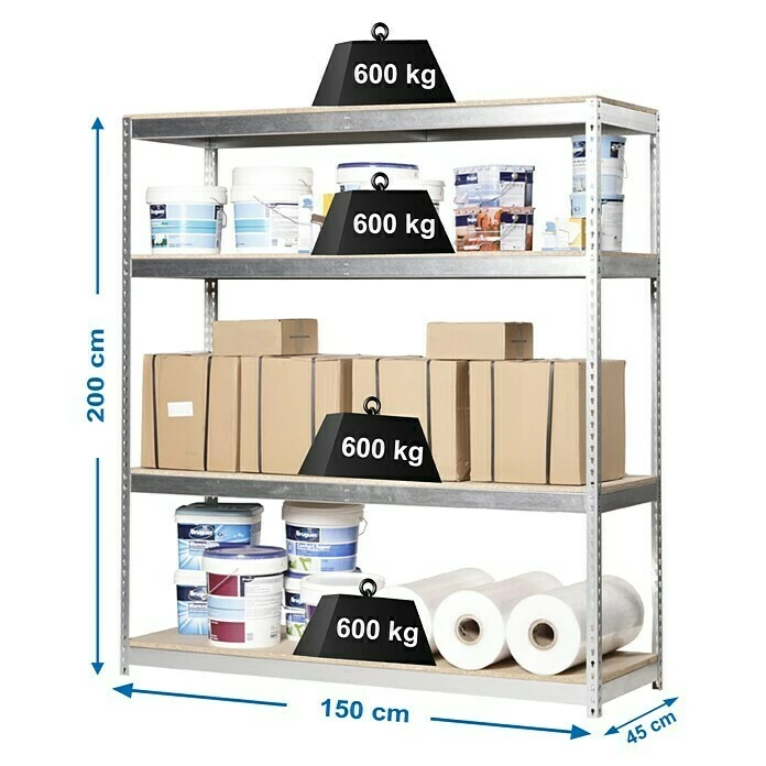 BAUHAUS Simonrack Simonforte Metall-Schwerlastregal L X B X H: 45 X 150 X 200 Cm, Traglast: 600 Kg/Boden, Anzahl Böden: 4, Silber 4 BAUHAUS Simonrack Simonforte Metall-Schwerlastregal L X B X H: 45 X 150 X 200 Cm, Traglast: 600 Kg/Boden, Anzahl Böden: 4, Silber – Bild 4
